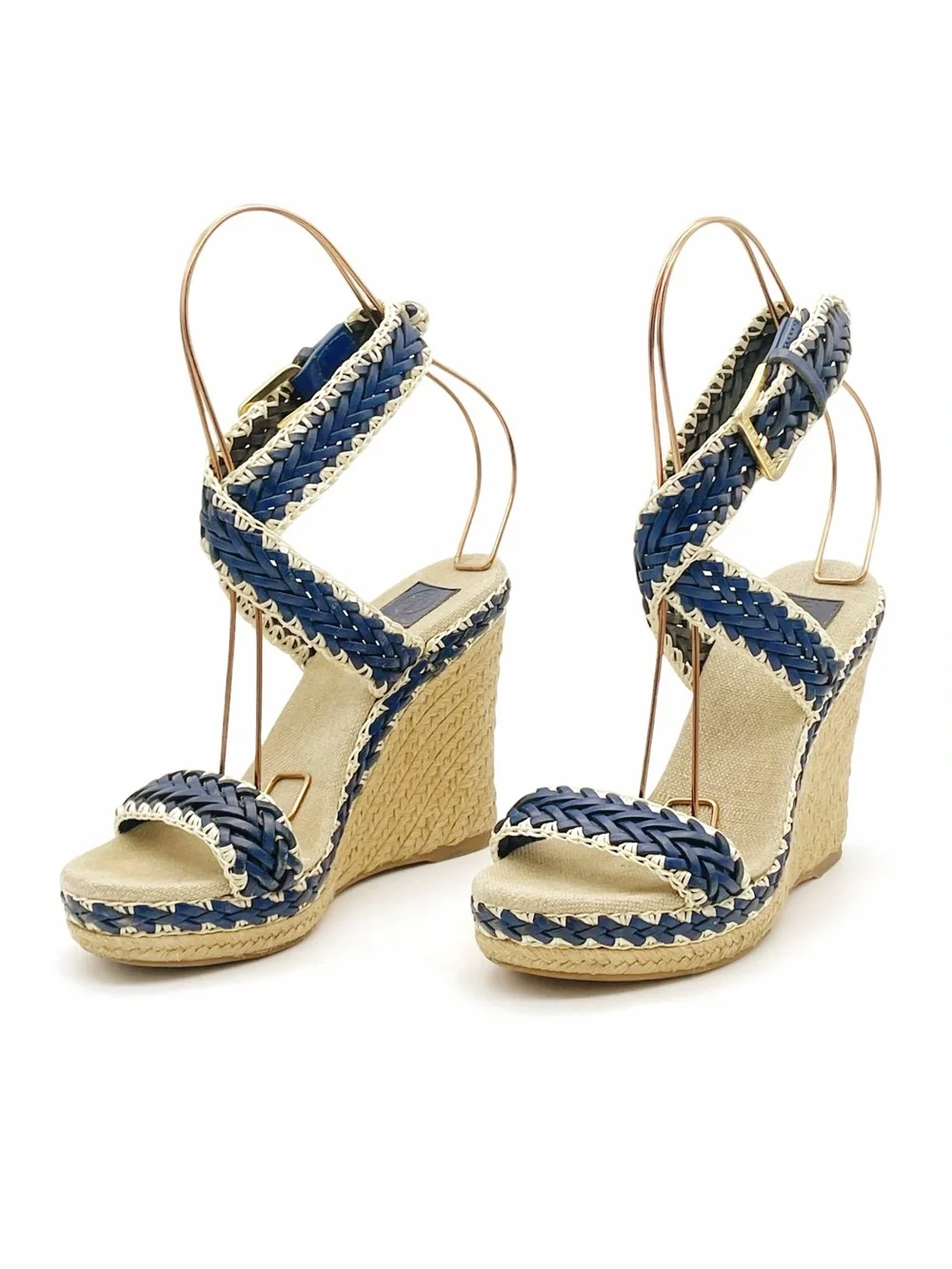 Tory Burch Lilah Espadrille Wedge Sandals Size 37 Cobalt Natural Braided Leather